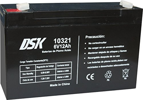 DSK 10321 - Batería Recargable de Plomo Ácido de 6V y 12Ah Ideal para Coches y Motos Eléctricos para Niños, Sistemas SAI/UPS, Sistemas de Seguridad y Alarmas
