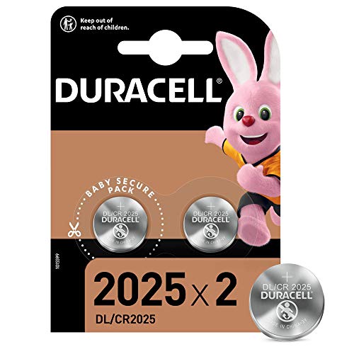 Duracell Pilas de botón de litio 2025 de 3 V, paquete de 2, con Tecnología Baby Secure, para uso en llaves con sensor magnético, básculas, elementos vestibles, dispositivos médicos DL2025/CR2025