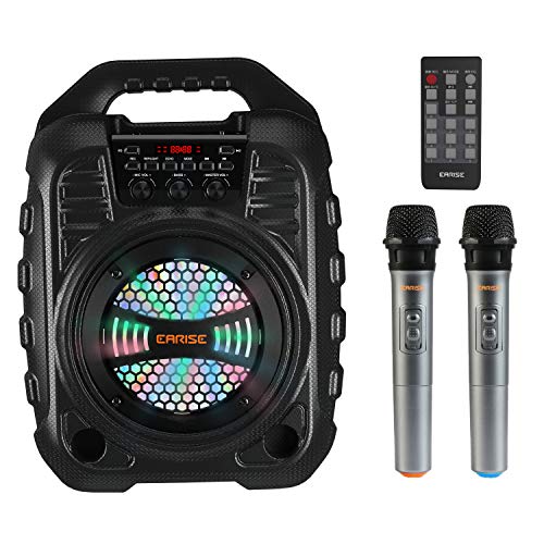 EARISE T26 Pro Máquina de karaoke con 2 micrófonos inalámbricos, sistema PA portátil Altavoz Bluetooth PA con luces LED, grabación de audio, radio FM, control remoto, soporta tarjeta TF/USB/AUX