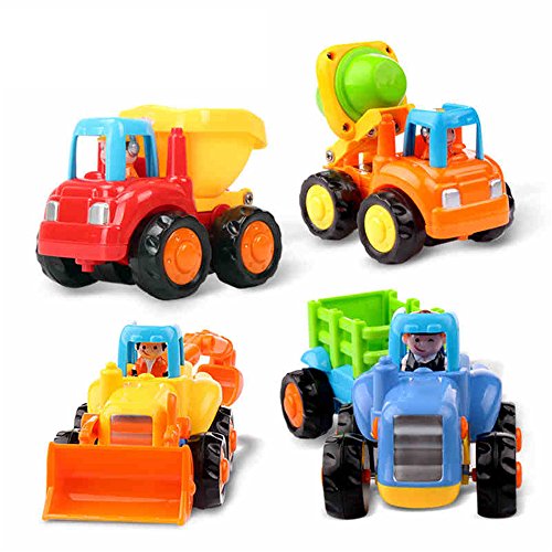 EastSun Early Education 1 Year Olds Baby Toy Push and Go Friction Powered Car Toys Sets of 4 Tractor, Bulldozer, Mixer Truck and Dumper for Children & Kids Boys and Girls