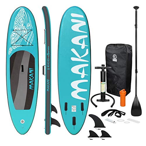 ECD Germany Tabla Hinchable Makani Paddle Surf/Sup 320 x 82 x 15 cm Turquesa Stand up Paddle Board PVC/EVA hasta 150kg 3 Antideslizantes Diferentes Modelos Incluye Paleta Aluminio Bomba y Accesorios