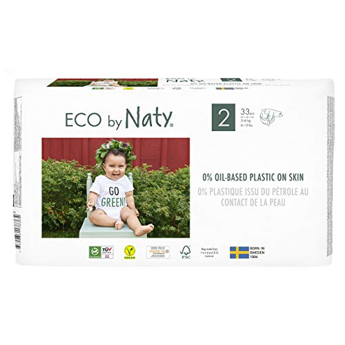 Eco by Naty Pañales, Talla/Tamaño 2, 132 unidades, 3-6 kg, suministro para UN MES, Pañal ecológico Premium hecho a base de fibras vegetales. 0% plásticos derivados del petróleo en contacto con la piel