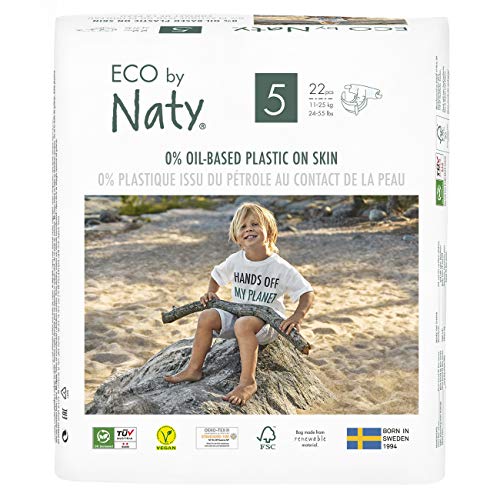 Eco by Naty, Talla 5, 132 pañales, 11-25kg, suministro para UN MES, Pañal ecológico Premium hecho a base de fibras vegetales. 0% plásticos derivados del petróleo en contacto con la piel