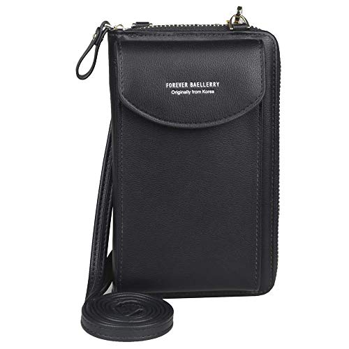 ECOSWAY Marca De Billetera para Mujer,Big Card Holders Monedero Bolso Monedero,Bolso Diagonal De Color Sólido,Embrague De Longitud Media Multifunción con Bolsillo con Cremallera (Black)