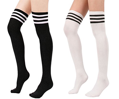 EDOTON 2 Pares Calcetines Hasta la Rodilla de las Mujeres Largas Medias Deportivas Muslo con Rayas Triples para Cosplay, Halloween, Fiesta, Desgaste Daily (B)