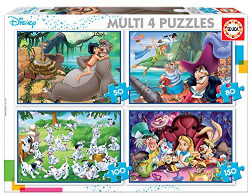 Educa - Multi 4 Puzzles Junior, puzzle infantil Clásicos Disney: Aladdin, Jungle Book, Alicia, Peter Pan de 50,80,100 y 150 piezas, a partir de 5 años (18105)
