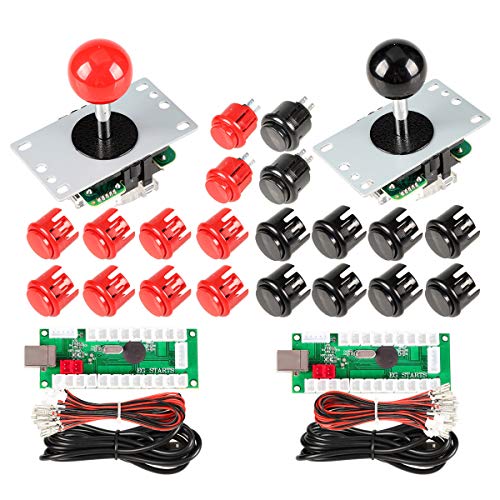 EG STARTS 2 jugadores Arcade Game Kit Piezas USB Pc Joystick para Mame Game DIY USB Encoder + 2x 8 Way stick + 20 Botones pulsadores Rojo + Negro Kits Soporte Windows System & Raspberry pi