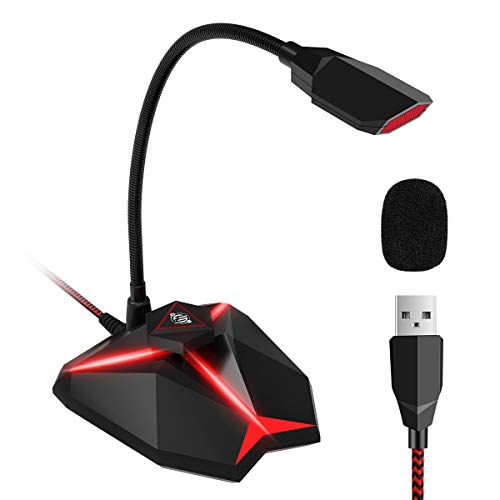 EIVOTOR Micrófono USB para PC, Micrófono Profesional de Escritorio Audio Luz LED Micrófono Compatible con PC/Windows/Mac/PS4, para Radio, Skype, Youtube, Juegos (Botón de silencio + Ajustable volumen)