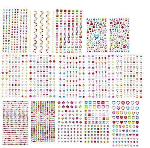 EKKONG 15 Hojas 2081 Piezas Diamantes Autoadhesivas,Pegatinas de Diamantes de Imitación,Pegatinas Brillantes, Adhesivas Pegatinas de Gemas para DIY, Artesanía, Uñas, Cara (15 Hojas)