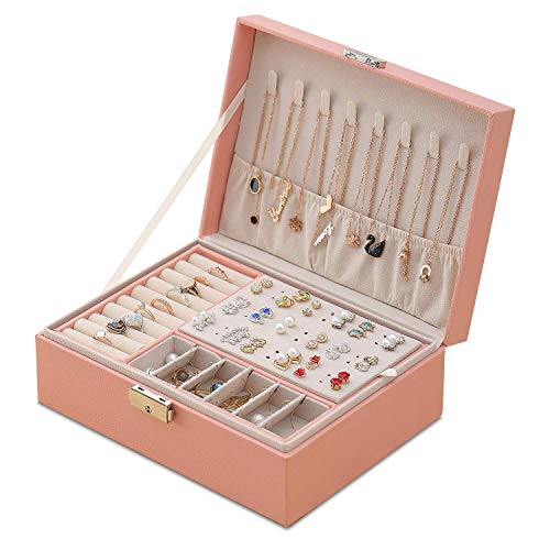 EKKONG Caja Joyero para Mujer, Caja de Joyas de Cuero con Cerradura 2 Capas Organizador Estuche Joyero de Viaje Joyero Pequeña Portátil Joyero para Pendientes Anillos Collares Almacenamiento (Pink)