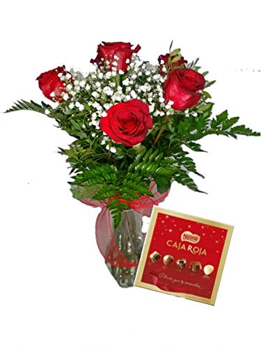 EL JARDÍ D´ESTHER-Ramo de 6 rosas rojas naturales y caja de bombones-FLORES FRESCAS- ENTREGA EN 24 HORAS