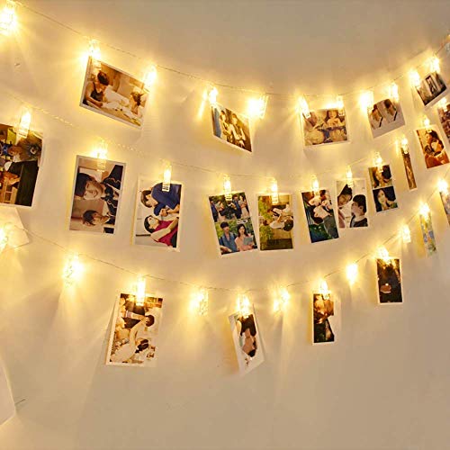 EleganBello Cadena de luces con pinzas 4m 40 LED Cadena de luces con pinzas 2 modos de luz Blanco cálido Guirnalda de luces con Clips para fotos ideal para colgar fotos, notas, Memos y de arte