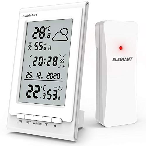 ELEGIANT Estación Meteorológica con Sensor de Radio Interior Exterior, Higrómetro Termómetro Digital con Temperatura Humedad, Pronóstico del Tiempo, Fecha/Hora/Alarma/Snooze, 3 Canales, Blanco