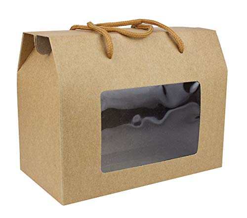 Emartbuy Papel Fuerte Caja Bolsa de Regalo Cuadrada de Pie, 15 cm x 11 cm x 9 cm, Caja Bolsa Kraft Marrón Caja de Pastel Galletas De Magdalenas Mollete Con Ventana Transparente y Manija - Pack de 24