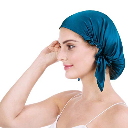 Emmet Gorro de Dormir Mujer Pura Seda Sombrero para Dormir elástico Hace Que tu Cabello se Sienta Sedoso y Mantiene el Estilo (Azul Pavo Real, Talla única)