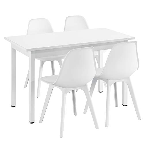 [en.casa] Mesa de Comedor de diseño Elegante 120cm x 60cm x 75cm con Set de 4 Sillas 83cm x 54cm x 48cm con protección del Suelo Mesa Blanca Sillas Blancas