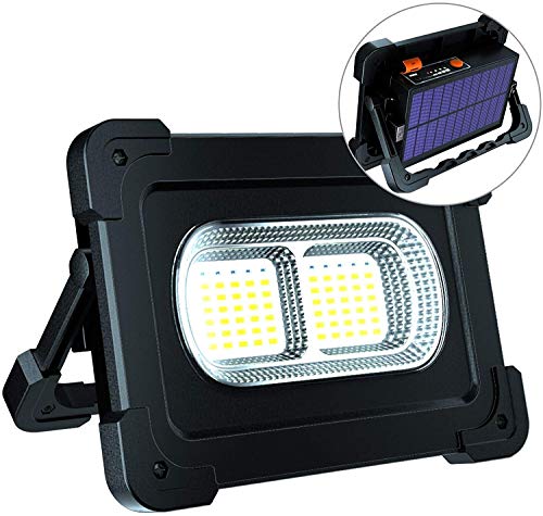 ERAY Luz de Trabajo, Foco LED Recargable 80W 6000 Lúmenes/Panel Solar/ 4 Modos de Iluminación/ IP65/ Batería Externa de 10000mAh/ Base Magnética, Ideal para Camping, Trabajo, Pesca, Color Negro