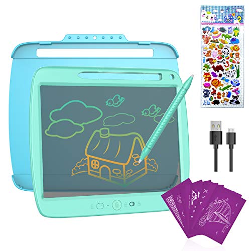 ERAY Tablet de Escritura LCD 9 Pulgada Colorida, Semi-Transparente/ 8 Plantillas Regaladas/Doble Punta del Lápiz/USB Carga/Anti-Golpes/Función de Bloqueo, Tablero de Dibujo para los Niños, Azul