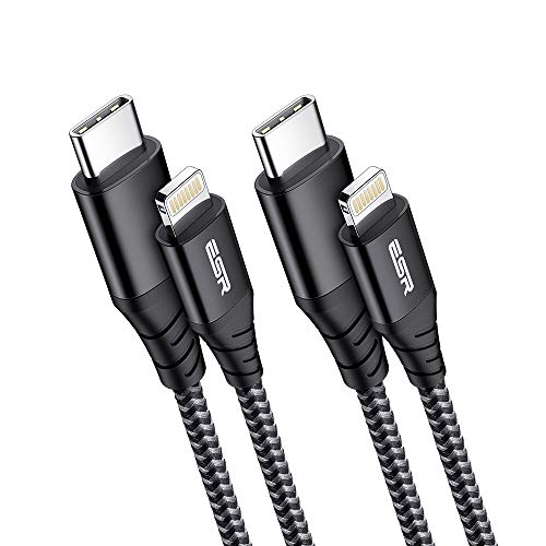 ESR Cable USB C a Lightning Cable 2Pack【6.6ft MFi Certificación】 Nailon Trenzado,Carga Rápida para iPhone 12/12 Pro/2 Mini/12 Pro MAX/SE 2020/11/11 Pro/11 Pro MAX/X/XS/XR, iPad 8/7, Macbook, Negro