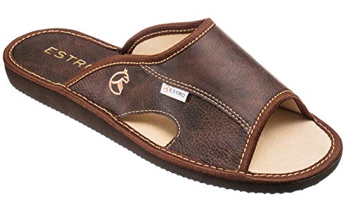 ESTRO Zapatillas De Casa Hombre Piel De Carnero Pantuflas Casa Hombre Suela De Memoria Verano (45 EU, Moreno)