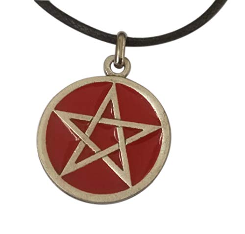 Eurofusioni Pentagrama Pentáculo Wicca Colgante Rojo chapeada Plata con Collar - Talismán de Protección - Símbolo de los Cinco Elementos - Joya Artesanal - Diámetro 2,5 cm