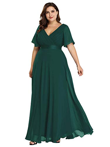 Ever-Pretty Vestido de Fiesta Noche Largo para Mujer Cuello V Manga Corta Talla Grande Verde Oscuro 58