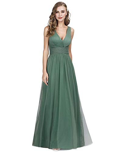 Ever-Pretty Vestidos de Noche Tul Cuello en V sin Mangas Corte Imperio sin Respaldo A-línea para Mujer Verde Salvia 40