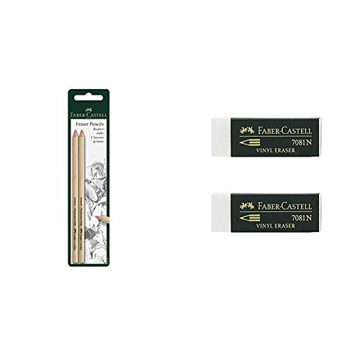 Faber-Castell 185698 Blister lápices goma para borrar, con precisión + Blister 2 gomas de borrar Goldfaber blanco