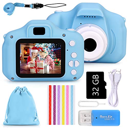 Faburo Set de Cámara de Fotos Digital Infantil con Tarjeta de Memoria Micro SD 32GB, 1080P, Azul