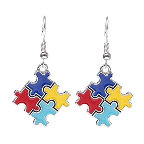 FeiyUan Distintivo Autismo Awareness Pieza Puzzle Estrás Pendientes Largos Gancho Joyería para Cumpleaños, San Valentín, Aniversario - Color