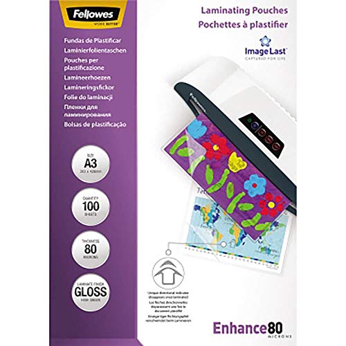 Fellowes 53062, Pack de 100 fundas para plastificar, brillo formato A3, 80 micras, surtido: modelos aleatorios Fellowes 53062, Pack de 100 fundas para plastificar, brillo formato A3, 80 micras, surtido: modelos aleatorios