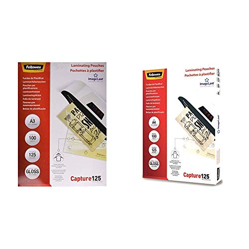 Fellowes ImageLast Pack de 100 fundas de plastificar formato A3, 125 micras + 53074 Pack de 100 fundas de plastificar, brillo, formato A4, 125 micras Fellowes ImageLast Pack de 100 fundas de plastificar formato A3, 125 micras + 53074 Pack de 100 fundas de plastificar, brillo, formato A4, 125 micras