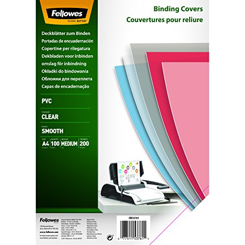 Fellowes Portadas para encuadernar de PVC transparente, formato A4, 200 micras, pack de 100 Fellowes Portadas para encuadernar de PVC transparente, formato A4, 200 micras, pack de 100