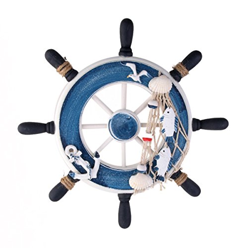 FENICAL Decoración de Pared Adornos Náutica Barco Timón de Madera para Colgar Azul Diámetro 23cm FENICAL Decoración de Pared Adornos Náutica Barco Timón de Madera para Colgar Azul Diámetro 23cm