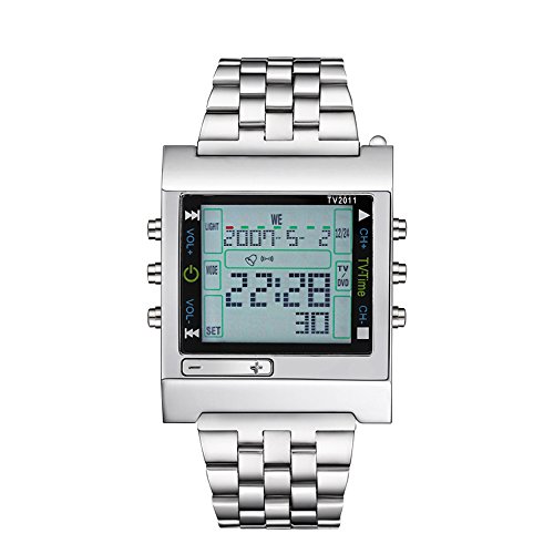 FENKOO - Reloj deportivo digital para hombre, con mando a distancia, correa de acero inoxidable, color plateado FENKOO - Reloj deportivo digital para hombre, con mando a distancia, correa de acero inoxidable, color plateado