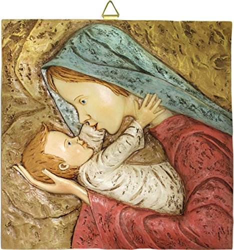 Ferrari & Arrighetti Cuadro de la Virgen María con el Niño Jesús en Resina Pintado a Mano - 26 x 26 cm - Bajorrelieve