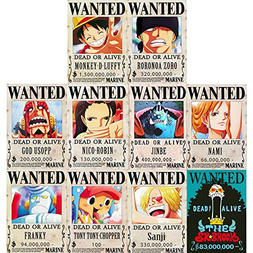 FFNKNK One Piece Wanted Posters Nueva Edición Luffy 1.5 Mil Millones de Anime Conjunto de Carteles Decorativos De 10Pcs 42 * 29cm