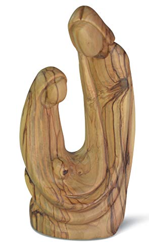 Figura Santa Santa Familia de abrigos de madera de olivo, Maria, Joseph y el niño Jesús tallado en una pieza de madera de olivo de 9 cm de alto