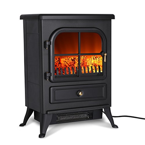 Finether Chimenea Eléctrica, Estufa Eléctrica, Calentador de Fuego Real, 1800 W, 41.5 cm x 28 cm x 54cm, Negro
