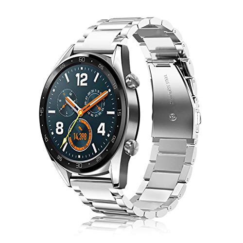 Fintie Correa Compatible con Huawei Watch GT 2/Huawei Watch GT 46mm Sport/Classic/Active/Elite - Pulsera de Repuesto de Acero Inoxidable Banda Ajustable de Metal, Plateado