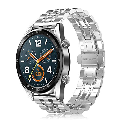 Fintie Correa Compatible con Huawei Watch GT 2/Huawei Watch GT 46mm Sport/Classic/Active/Elite - Pulsera de Repuesto de Metal de Acero Inoxidable con Hebilla de Mariposa, Plateado