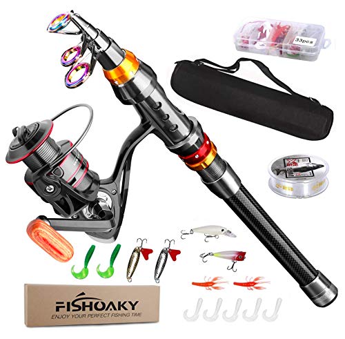 FISHOAKY Combo de Caña de Pescar y Carrete, 1.8M Fibra de Carbono Pesca Telescópica+Carrete de Pesca +Bolsa de Pesca+Cebos+Accesorios de Pesca para Agua Salada y Agua Dulce | Niños y Adultos