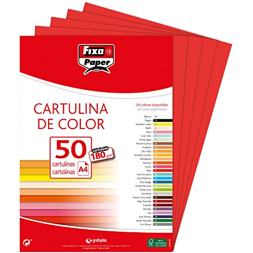 Fixo Paper 11110351 – Paquete de cartulinas A4 – 50 unidades color rojo, 180g Fixo Paper 11110351 – Paquete de cartulinas A4 – 50 unidades color rojo, 180g
