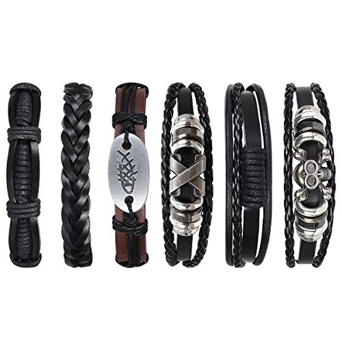 flintronic® Pulsera Hombre, 6 Piezas Personalidad Retro Tejida Pulsera de Traje de Cuero Multicapa, Pulseras Retro, Moda Pulsera de Cuero Brazalete Trenzado Roccia Punk, Ajustable (#3 Serie)