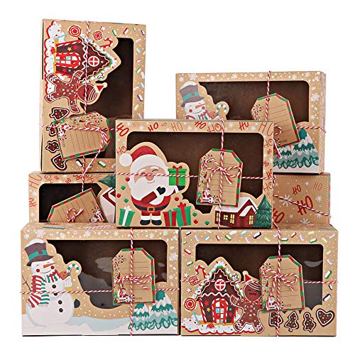 FLOFIA 12pcs Caja de Navidad Papel Kraft Ventana Caja de Cupcakes Caja de Papel Pequeño de Dulces Galleta Pastel para Regalo Navideño Fiesta 7 * 15 * 22cm, 3 Patrones