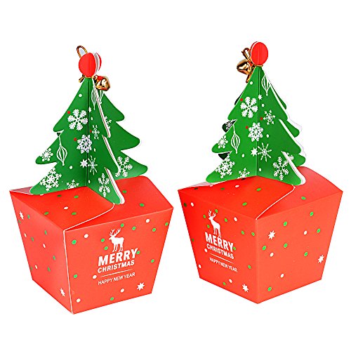FLOFIA 25pcs Cajas Cajitas Regalo Navidad Cartón Papel Caramelos Forma Árbol de Navidad para Dulces Galletas Chocolates Pastel Regalos de Fiestas Año Nuevo Campanas Cuerdas Incuídas