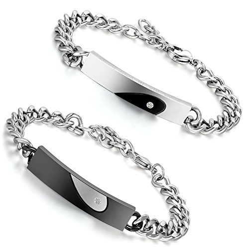 Flongo Pulseras para Parejas, Te Tengo en mi corazón, Acero Inoxidable Pulseras de Amor, Color Negro Plateado, Regalo para San Valentín/Navidad, Un par