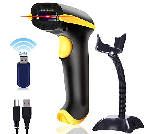 Flybiz Escáner de Códigos de Barras Inalámbrico Con soporte(Inalámbrico 2.4Ghz + Cable USB), Lector de Códigos de Barras, Automático, Rápido y Preciso, 1400mAh Batería incorporada, 512kb Memoria