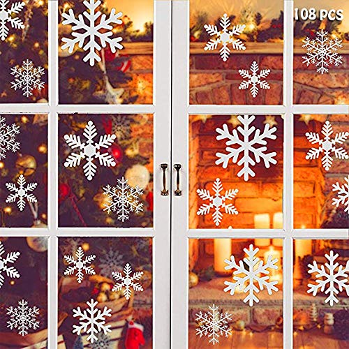 Flysee Navidad Pegatinas de Pared Calcomanías de Ventana de Copo de Nieve Pegatinas de PVC para Ventanas Vidrios Navidad Decoración Decoración de la Pared Blanco(108 pcs Copo de Nieve)