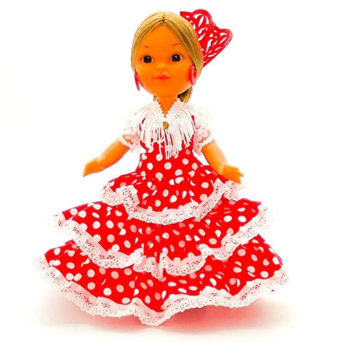 Folk Artesanía Muñeca artesana de 25 cm con Vestido Andaluza o Flamenca con peineta Nueva y Original (Rojo Lunar Blanco)